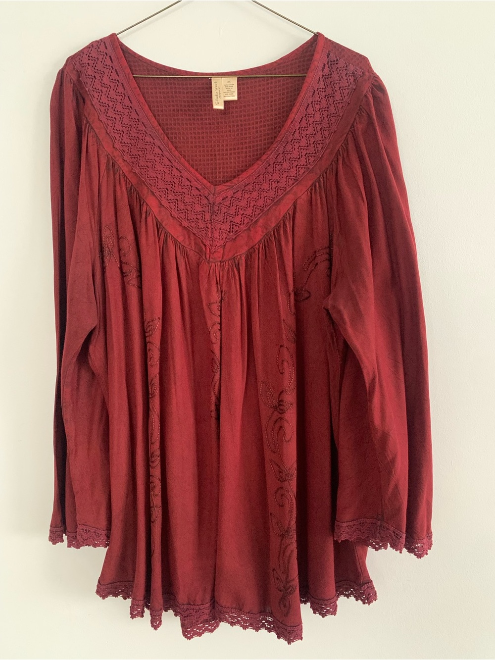 Whimsical Floral Embroidered Burgundy Babydoll Top Boho Festival Indie V-neck 2X